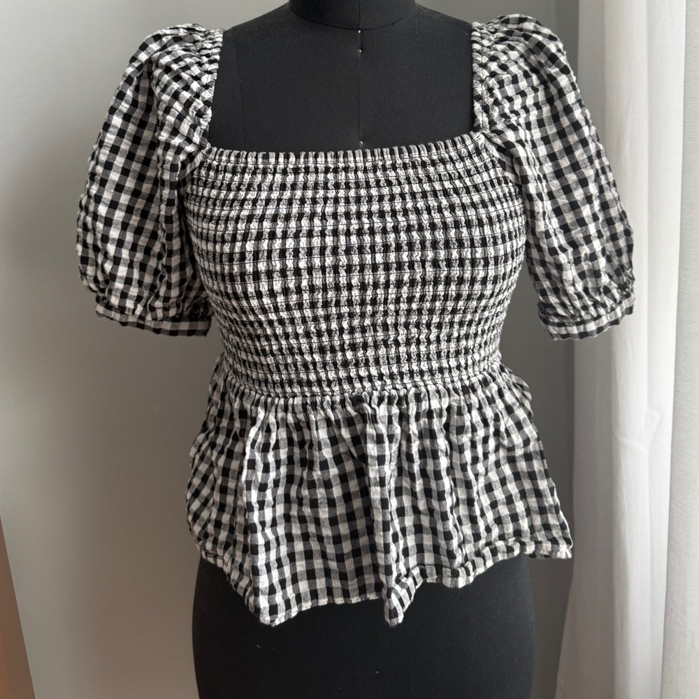 New Look Checkered Smocked Blouse - Black and White